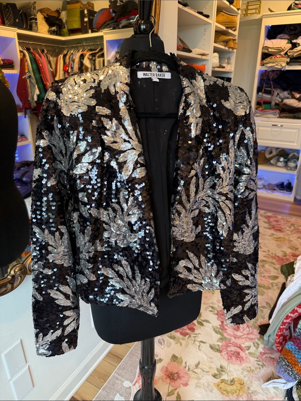 Walter Baker Black Jacket with Silver Sequin Leaf Motif